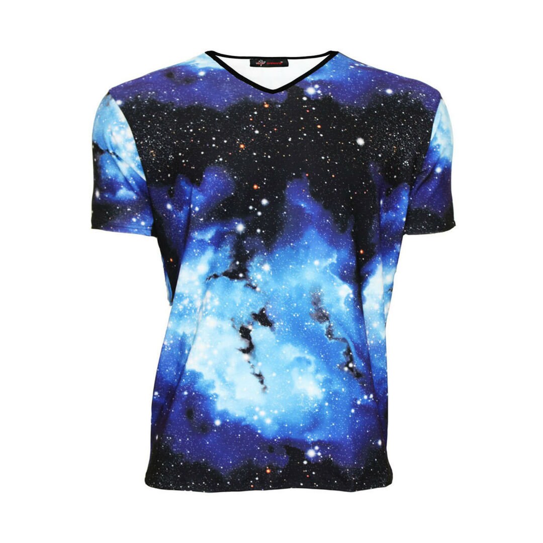 Image of Men's Blue Galaxy Space Universe Modern Unique Alternative Printed V-Neck T-Shirt