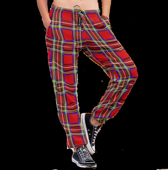 Unisex Classic Red Tartan Square Check Print Fleece Sweatpants Jogging  Bottom Jogger Loungewear Pants 