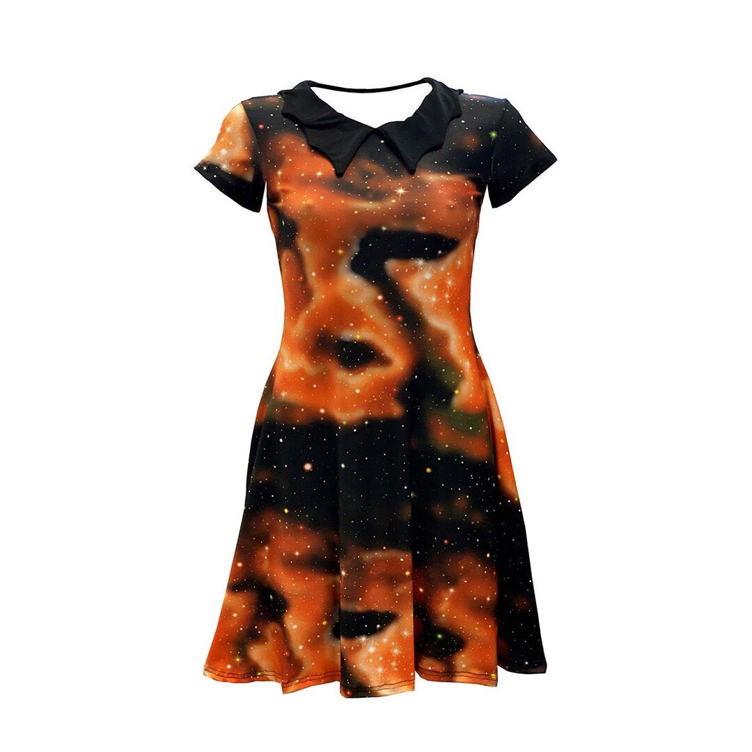Black Orange Galaxy Cosmic Tie Dye Alternative Printed Collar Dress ...