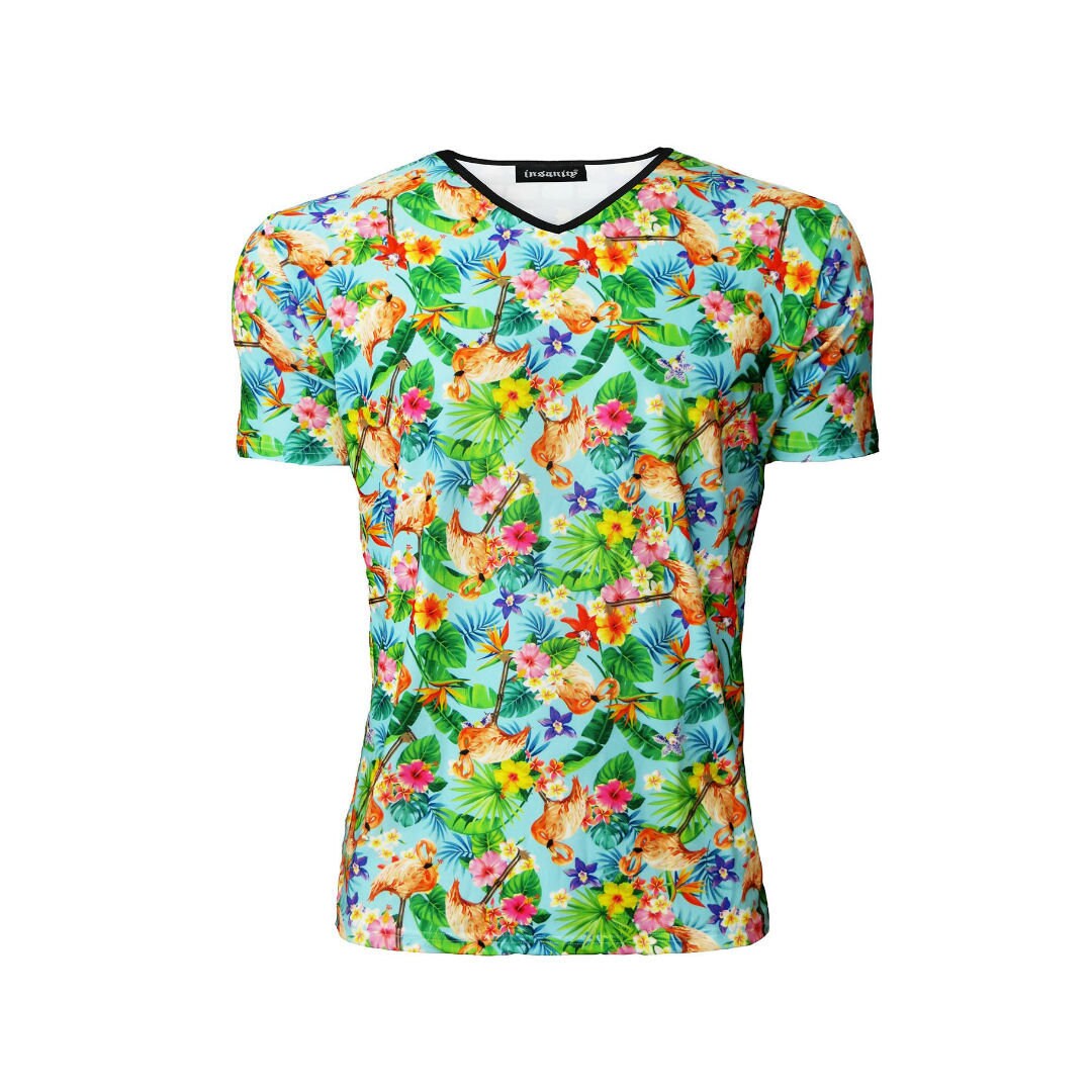 Image of Men's Tropical Flamingo Hawaiian Floral Retro Vintage Printed V-Neck Tshirt