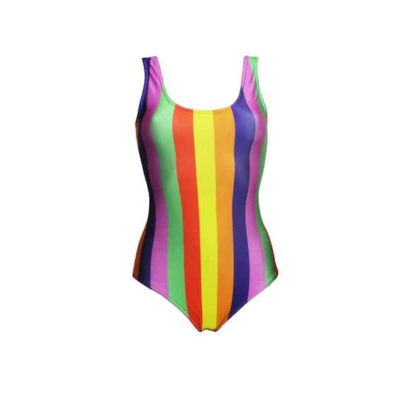 Funky Multicoloured Rainbow Vertical Stripes Swimsuit Bodysuit 