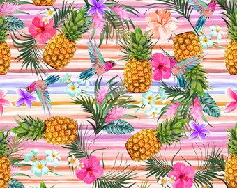 Tropical Floral Exotic Pineapple Fruit Birds Stripe Retro 50's Printed Stretch  Fabric Stunning Dressmaking Leotards Leggings