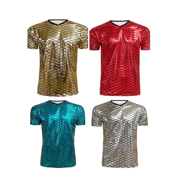 Herren Metallic Silber Gold DunkelGrün Rot Glänzende Fische Schuppen Meerjungfrau Folie V-Ausschnitt T-Shirt Top