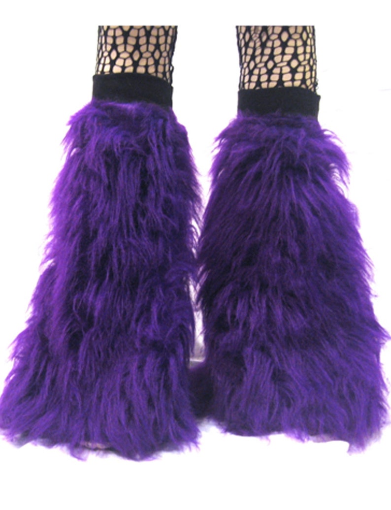 Néon UV pelucheux fourrure peluches longs poils de fourrure jambières couvre-bottes Rave Party Festival Clubwear Purple