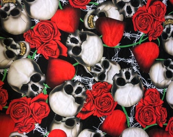 Gothic Floral Skull Roses Heart Barbelés Print Stretch Spandex Fabric Stunning Dressmaking Dancewear Leotards Leggings