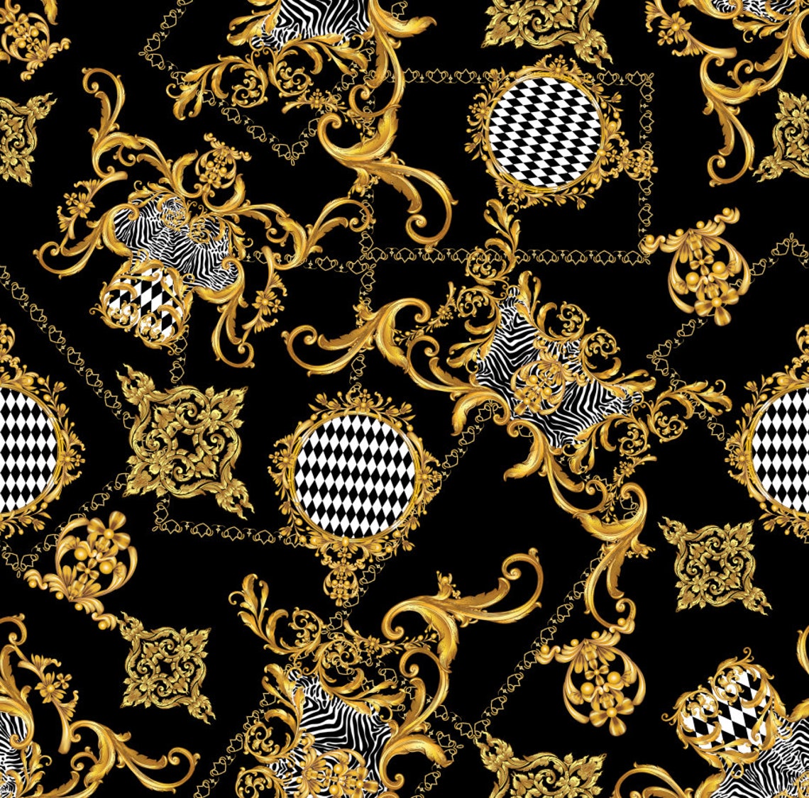 Black & Gold Baroque Harlequin Zebra Animal Floral Damask Etsy