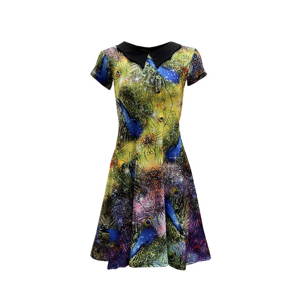 Bright And Colourful Peacock Feathers Exotic Birds Retro 50's Print Alternative Print Collar Dress Urban