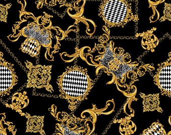 Black & Gold Baroque Harlequin Zebra Animal Floral Damask Scarf Printed Stretch Spandex Fabric Stunning Sewing Dressmaking Festival Apparel