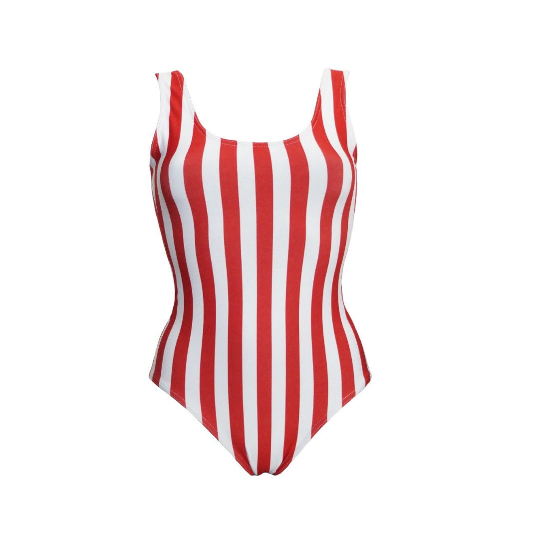 Red and White Vertical Stripe Swimsuit Bodysuit Swimwear 