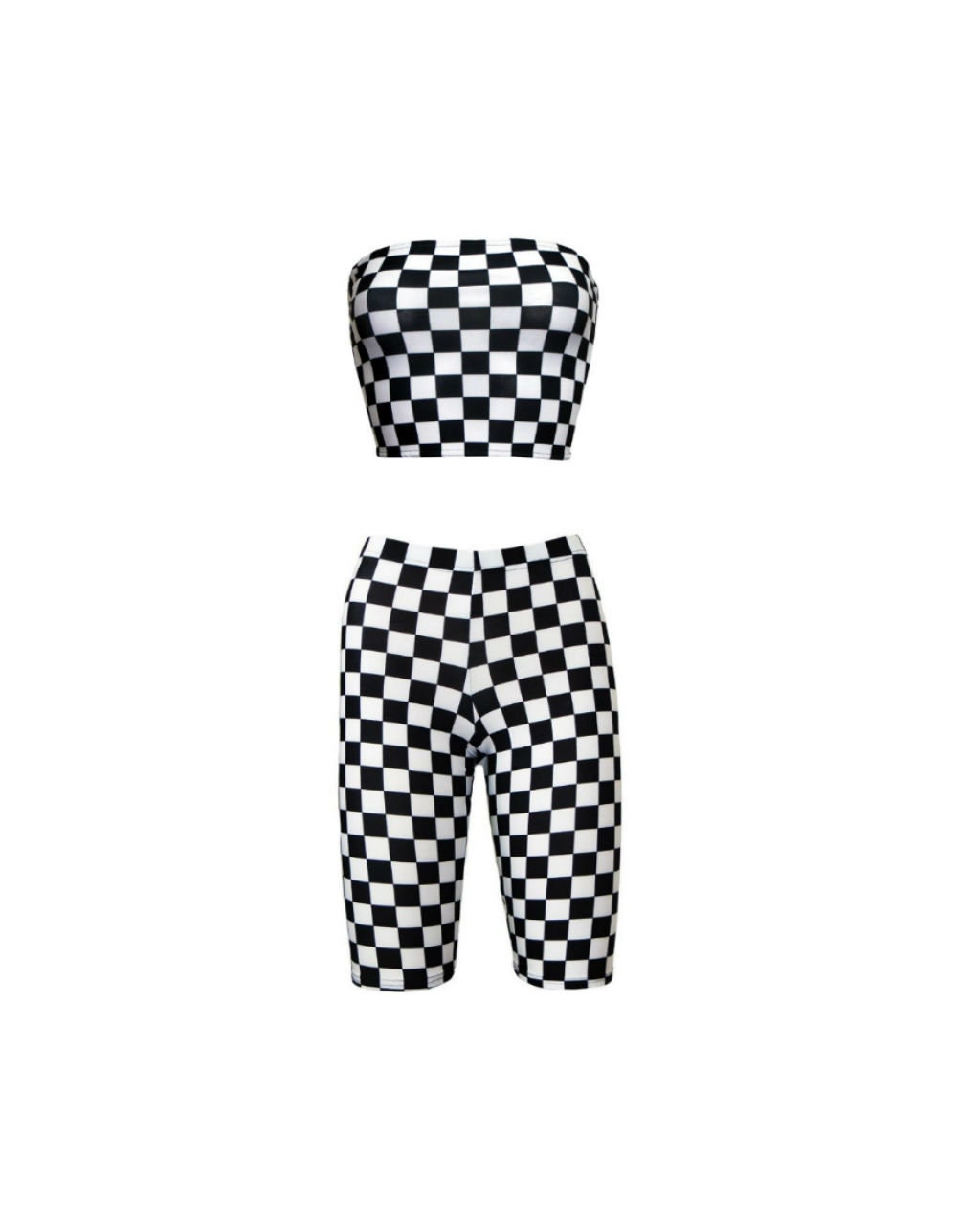 Image of Monochrome Chequered Chess Board Crop Bandeau Cycle Shorts Coord Set