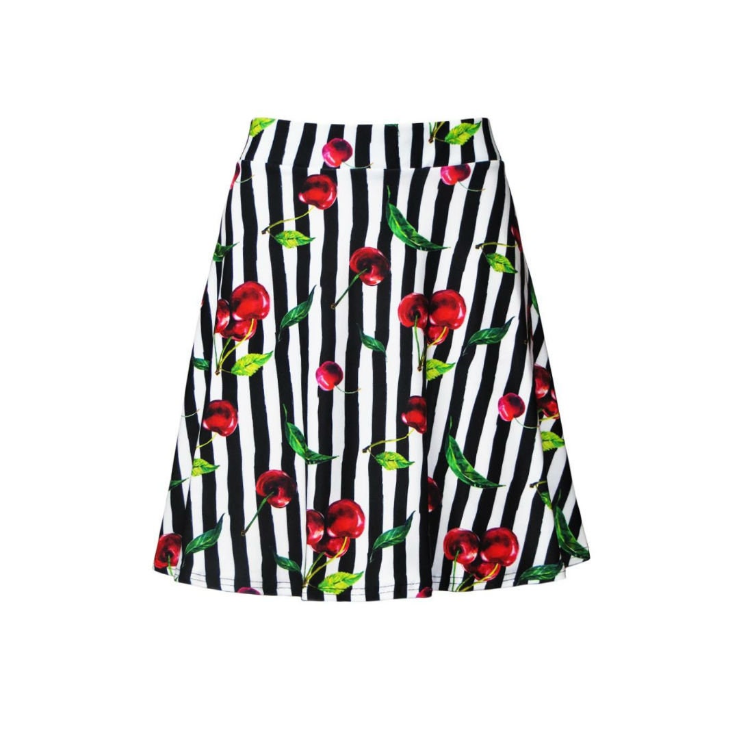 Image of Cherry Tart Monochrome Black & White Striped Vintage Retro Print Skater Skirt