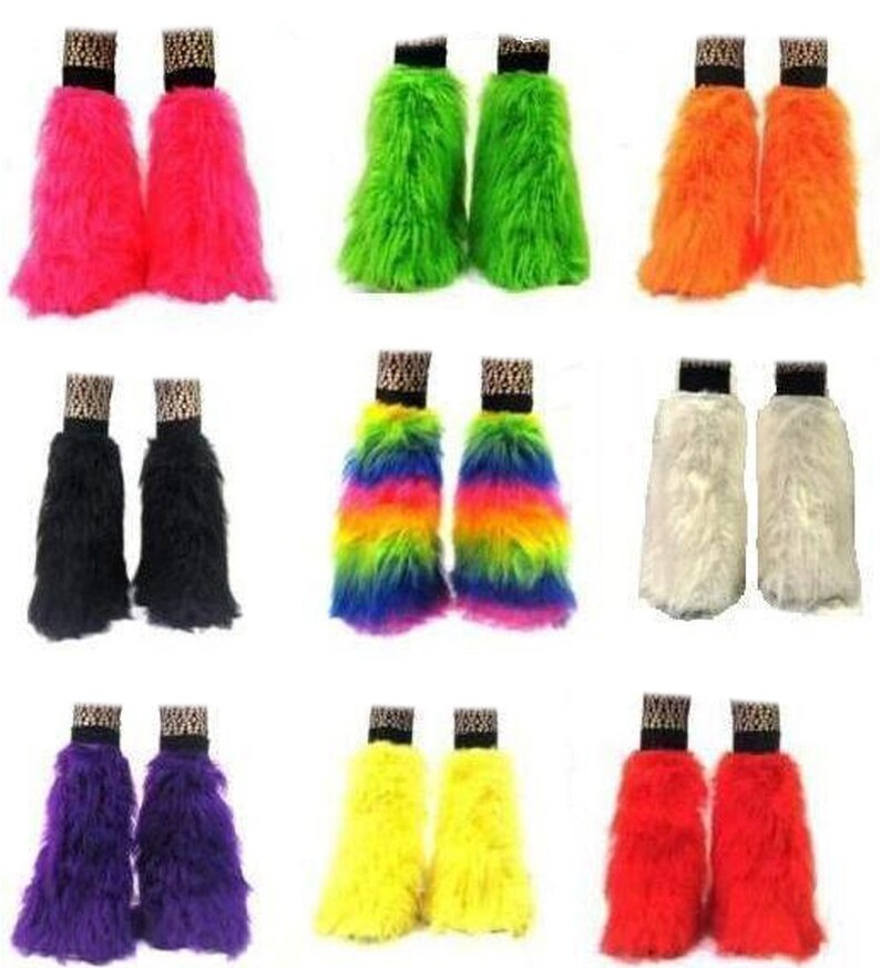 Neon UV Fluffy Furry Fluffies Long Pile Fur Legwarmers Boot Covers Rave Party Festival Clubwear image 1
