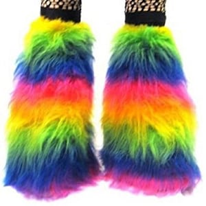 Neon UV Fluffy Furry Fluffies Long Pile Fur Legwarmers Boot Covers Rave Party Festival Clubwear image 3