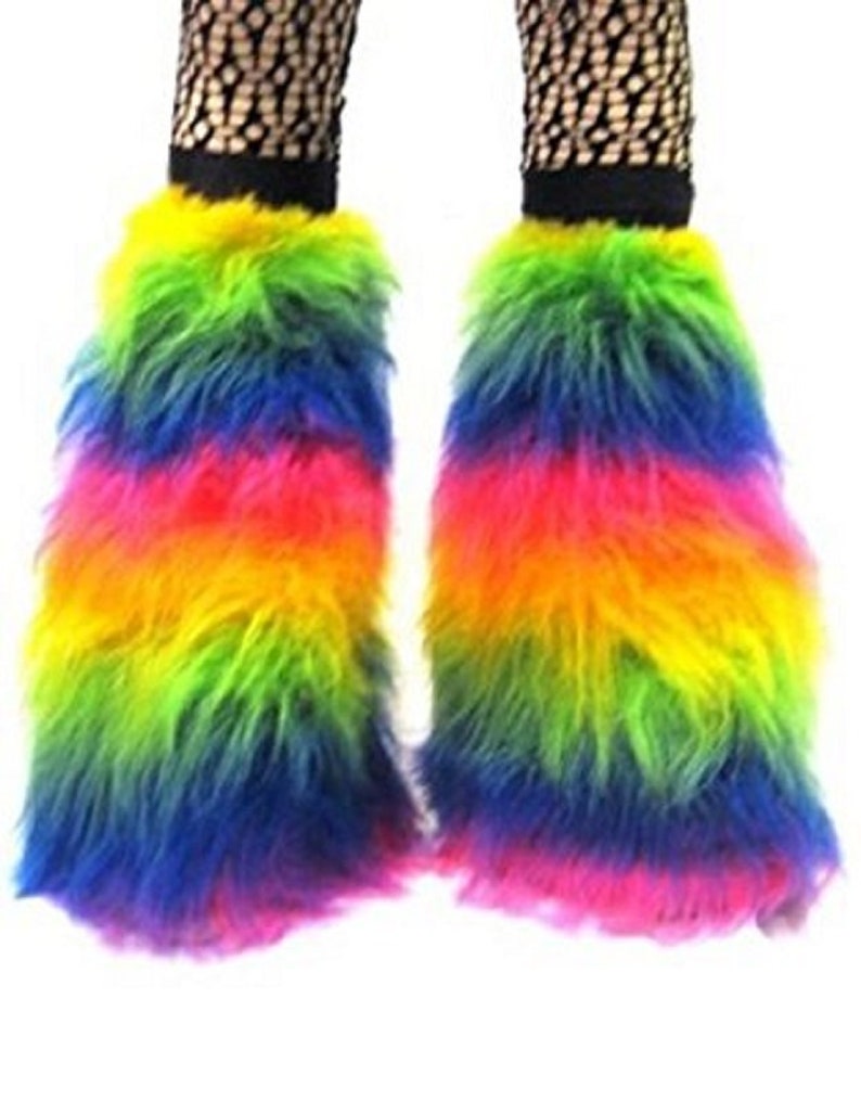 Néon UV pelucheux fourrure peluches longs poils de fourrure jambières couvre-bottes Rave Party Festival Clubwear Multi / Rainbow