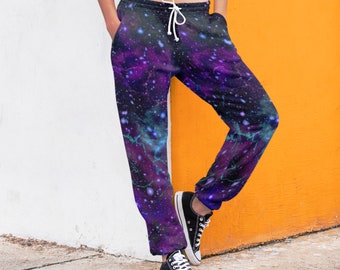 Unisex Purple Blue Galaxy Space Universe Planets Stars Print Fleece Sweatpants Jogging Bottom Jogger Loungewear Pants