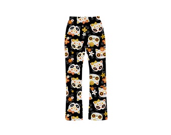 Gothic Floral Sugar Skulls Kitty Cat Bow Kitten Animal Lovers Print Loungewear Sleepwear Pyjama Bottoms