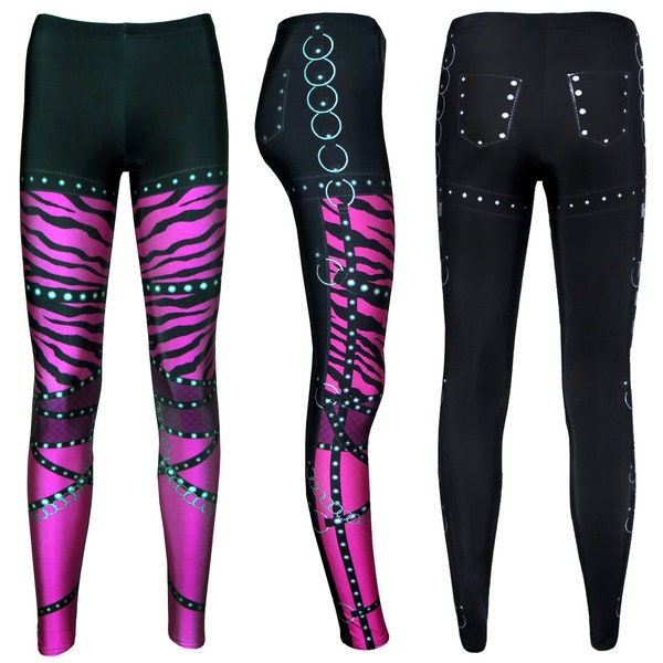 Pink Zebra Rock Metal Chain Skater Pants Effect Block Printed Leggings