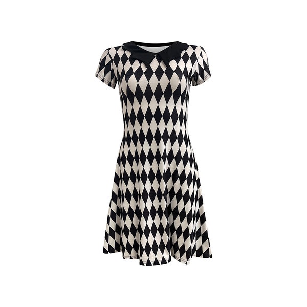 Monochrome Harlequin Diamond Alternative Print Collar Dress Urban Retro