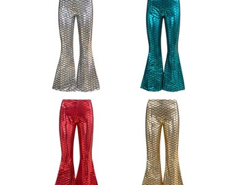 Metallic Shiny Silver Gold Dark Green Red Foil Mermaid Fish Scale Flare Bell Bottom Flared Leggings Rave Party Clubwear