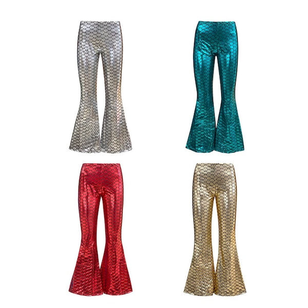 Metálico Plata Brillante Oro Verde Oscuro Rojo Lámina Sirena Escama de pescado Bengala Campana Fondo Acampanado Leggings Rave Party Clubwear