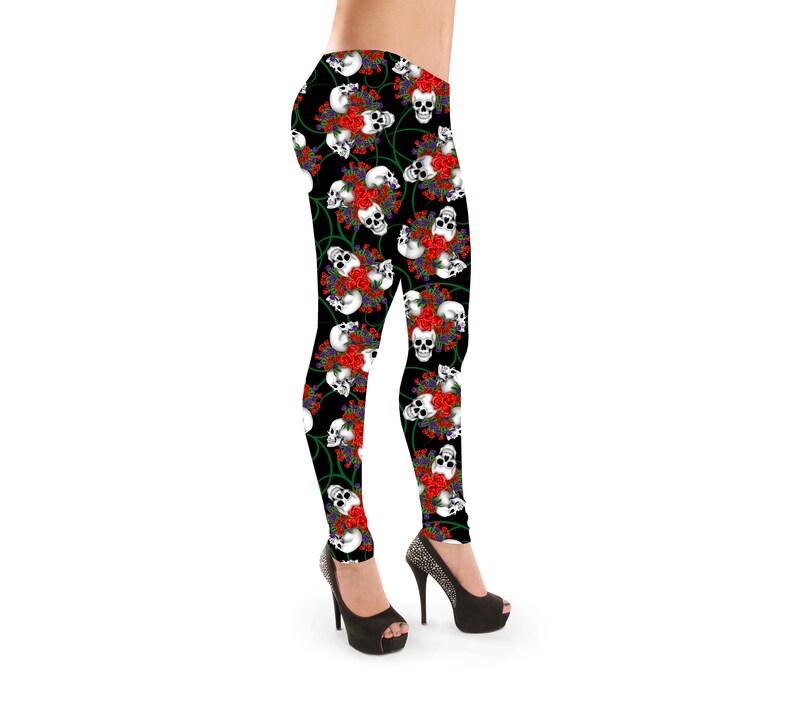 Gothic Skull Roses Floral Pattern Design Alternative All Over Printed Leggings Goth Punk Emo