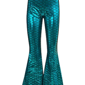 Metallic Shiny Silver Gold Dark Green Red Foil Mermaid Fish Scale Flare Bell Bottom Flared Leggings Rave Party Clubwear image 3