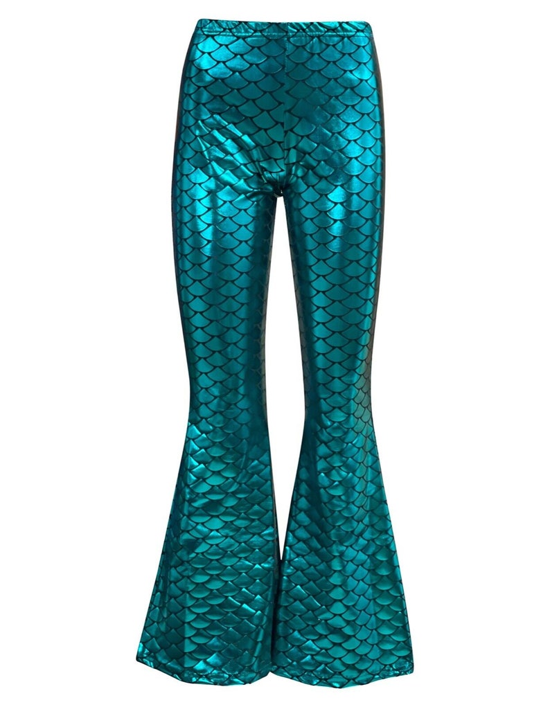Metallic Shiny Silver Gold Dark Green Red Foil Mermaid Fish Scale Flare Bell Bottom Flared Leggings Rave Party Clubwear image 3
