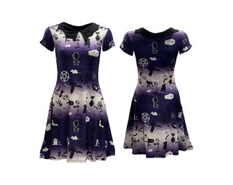 Gothic Bats Skeleton Bones Pentagram Spooky Cat Grim Reaper Ombre Print Alternative Bat Collar Skater Dress