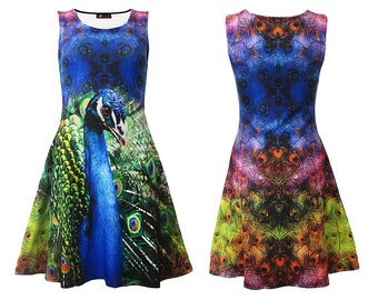 Bright And Colourful Peacock Feathers Animal Alternative Printed Skater Dress