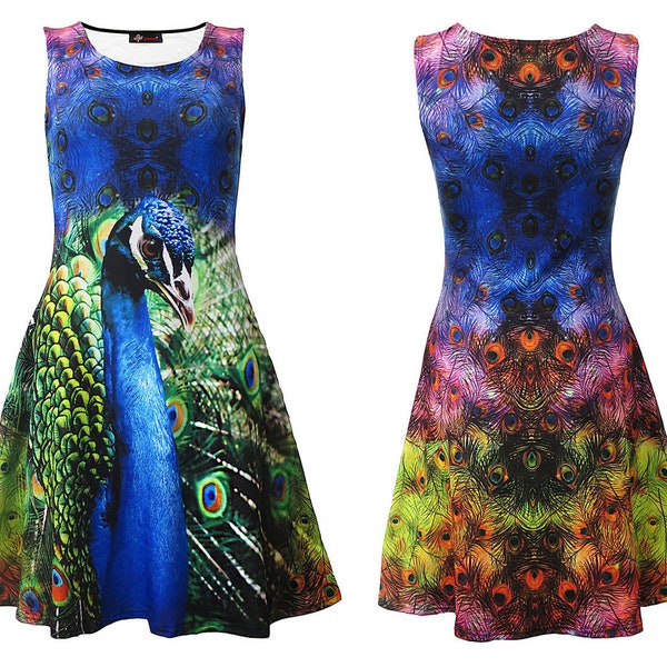 Bright And Colourful Peacock Feathers Animal Alternative Printed Skater Dress