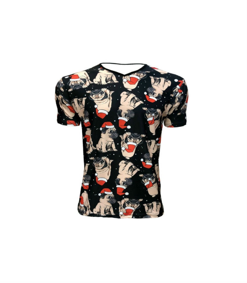 Image of Men's Cute Christmas Santa Hat Pug Puppies Pattern Pets Lover Printed V-Neck T-Shirt