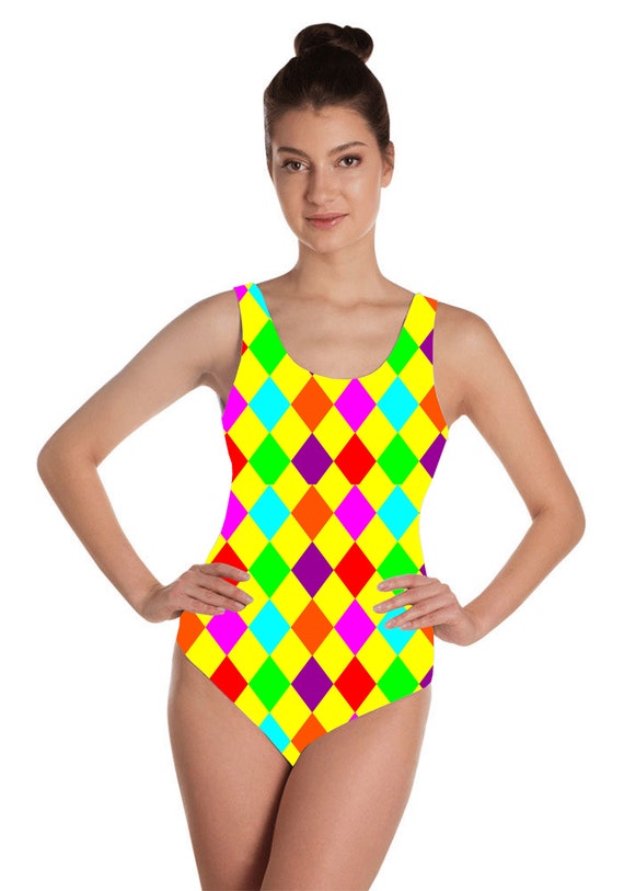 Multi Harlequin Diamond Carnival Geometric Printed Swimsuit Bodysuit Bathing  Suit Leotard Alternative Swimwear -  Canada