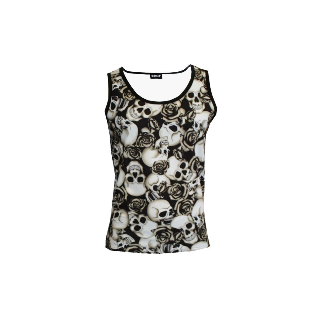 Image of Men's Gothic Black & White Skulls Roses Printed Vest Top