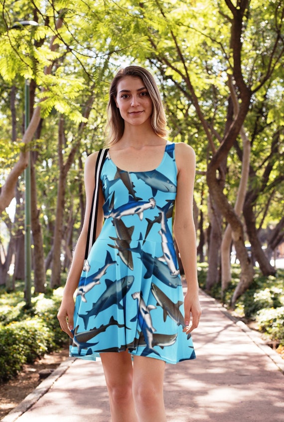 Eye catching Shark Under Sea Water Fish Sealife Print Skater Dress