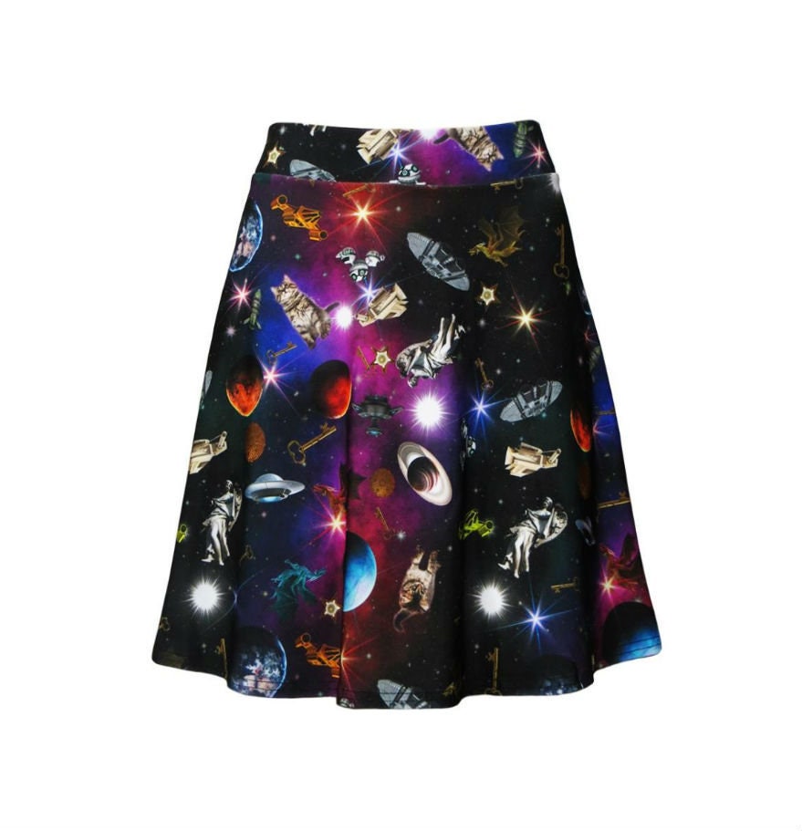 Image of Travelling Through Space Galaxy Ship Planets Alternative Printed Skater Skirt
