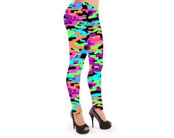 Eye-Catching  Neon Colorful Funky Multi Vibrant Camo Camouflage Carnival Abstract Printed Leggings Activewear Yoga Rave