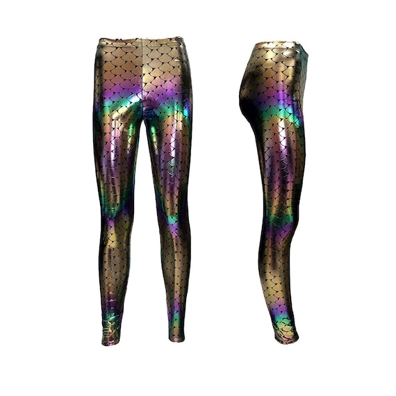 Full Length Metallic Shiny Foil Mermaid Fish Scale Leggings Rave