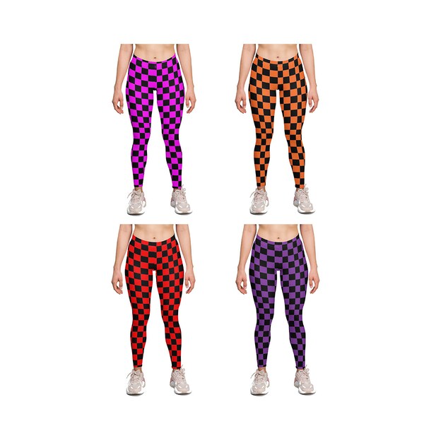 Pink Purple Red Orange Checker Check Chess Printed Leggings Urban Retro Fashion Trend Legging