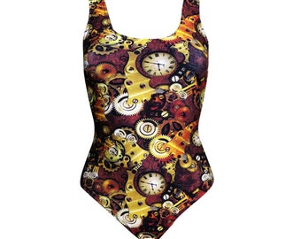 Traditional Steampunk Machine Mechanical Cogs Clocks All Over Print Swimsuit