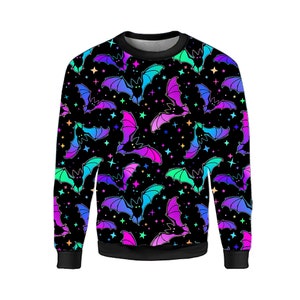 Unisex Galaxy Multi Colorful Bats Stars Print Halloween Fleece Jumper Sweatshirt Fashion Top