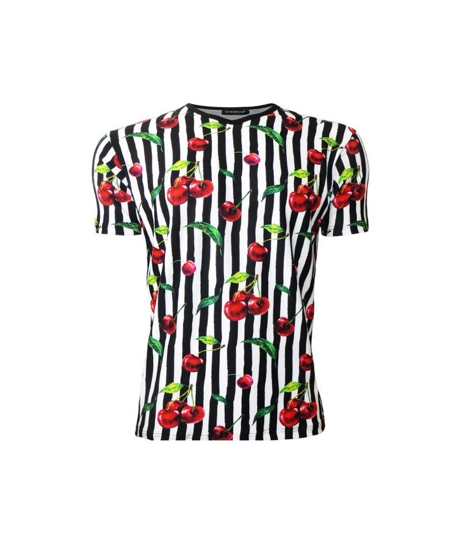 Image of Men's Cherry Tart Monochrome Black & White Striped Vintage Retro Printed V-Neck T-Shirt