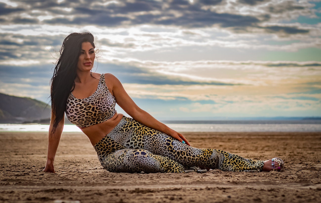 Image of Classic Cheetah Leopard Animal Skin Crop Bandeau Top Flare Leggings Pants Coord Set