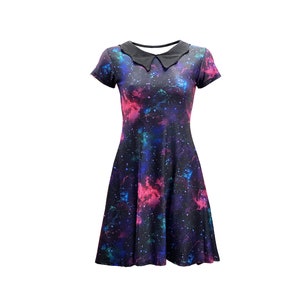 Purple Blue Galaxy Space Universe Planets Stars Print Collar Dress Rockabilly Fashion Trend Alternative