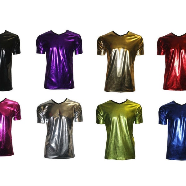 Men's Metallic Wetlook Shiny PVC Gold V-Neck T-Shirt