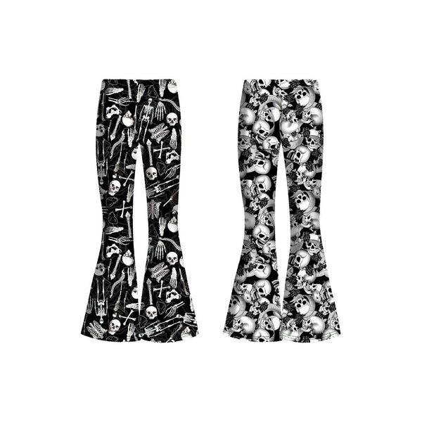 Gothic Floral Skull Roses Anatomy Bones Skeleton Print Flare Bell Bottom Flared Leggings Rave Party Festival Alternative Fashion Trend