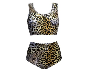 Classic Cheetah Leopard Animal Skin Crop Top High Waist Bikini Pants Coord Set