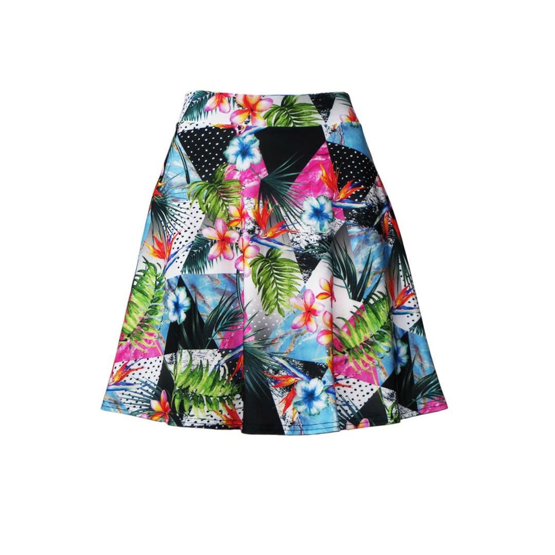 Image of Tropical Floral Palm Leaves Triangle Geometric Polka Dot Marble Print Skater Flare Skirt