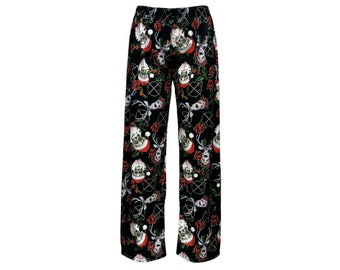 Women's Cute Mexican Sugar Skull Santa Reindeer Rose Candy Canes Nightwear Sleepwear Pyjama Bottoms