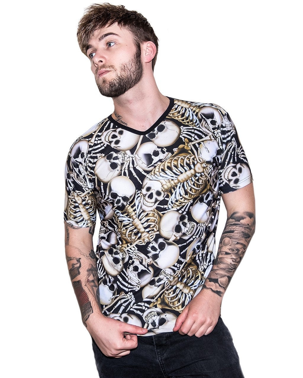 Image of Men's Graveyard Of Bones Skull Ribcage Skeleton Alternative Print Halloween V-Neck Tshirt