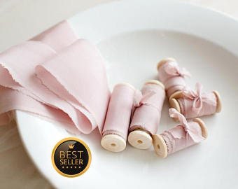 Silk Ribbon; Hand-dyed Silk Ribbon; Wedding bridal bouquet; Silk ribbon, hand-dyed, Plant-dyed blush 100% pure silk habotai ribbon